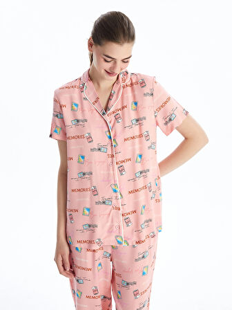 LCW DREAM PEMBE Gömlek Yaka Desenli Kısa Kollu Kadın Kaprili Pijama Takımı