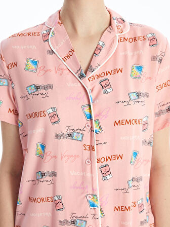 LCW DREAM PEMBE Gömlek Yaka Desenli Kısa Kollu Kadın Kaprili Pijama Takımı
