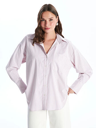 LCW Vision PEMBE Çizgili Uzun Kollu Oversize Kadın Gömlek