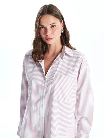 LCW Vision PEMBE Çizgili Uzun Kollu Oversize Kadın Gömlek