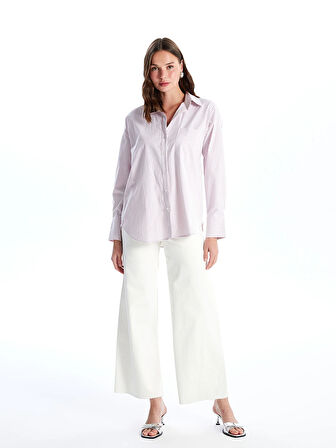 LCW Vision PEMBE Çizgili Uzun Kollu Oversize Kadın Gömlek