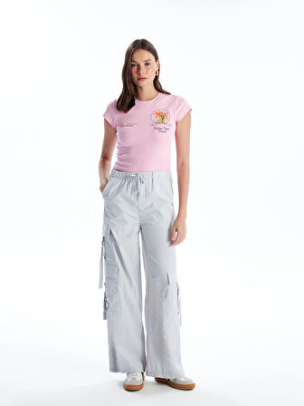 XSIDE Pembe Bisiklet Yaka Baskılı Kısa Kollu Kadın Crop