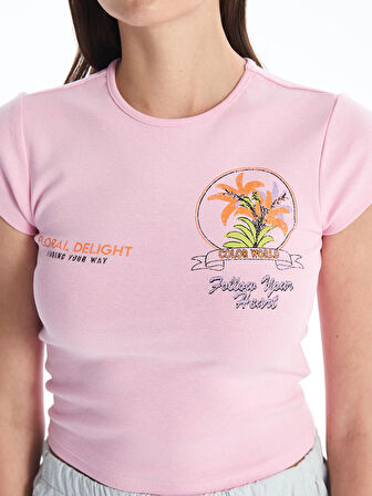 XSIDE Pembe Bisiklet Yaka Baskılı Kısa Kollu Kadın Crop