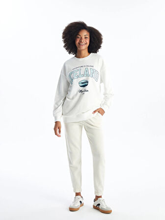 XSIDE Ekru Bisiklet Yaka Baskılı Oversize Kadın Sweatshirt