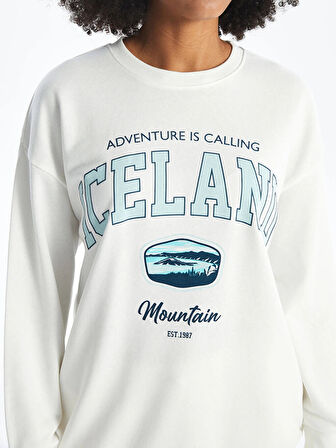 XSIDE Ekru Bisiklet Yaka Baskılı Oversize Kadın Sweatshirt