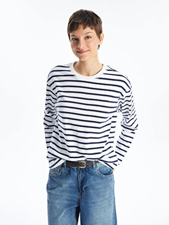 LCW Vision LACİVERT Bisiklet Yaka Çizgili Kadın Tişört