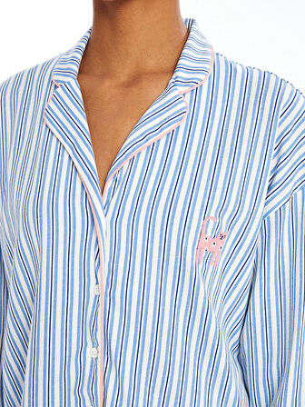 LCW DREAM EKRU Gömlek Yaka Çizgili Uzun Kollu Kadın Pijama Takımı