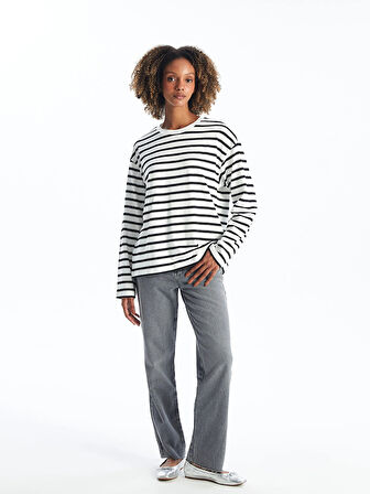 XSIDE EKRU Bisiklet Yaka Çizgili Uzun Kollu Kadın Tişört