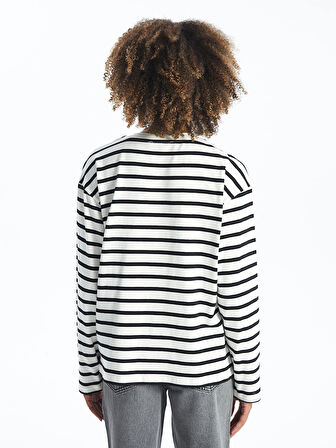 XSIDE EKRU Bisiklet Yaka Çizgili Uzun Kollu Kadın Tişört