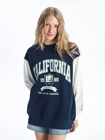 XSIDE Lacivert Bisiklet Yaka Baskılı Uzun Kollu Oversize Kadın Sweatshirt