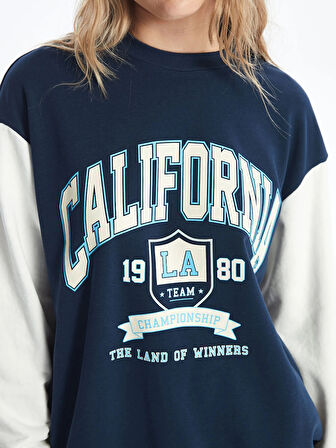 XSIDE Lacivert Bisiklet Yaka Baskılı Uzun Kollu Oversize Kadın Sweatshirt