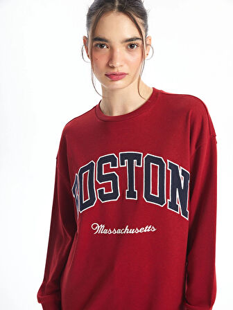 XSIDE Bordo Bisiklet Yaka Nakışlı Oversize Kadın Sweatshirt