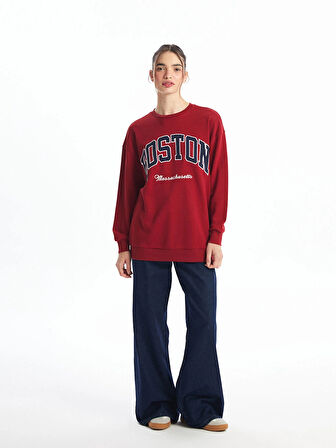 XSIDE Bordo Bisiklet Yaka Nakışlı Oversize Kadın Sweatshirt