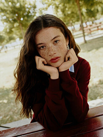 XSIDE Bordo Bisiklet Yaka Nakışlı Oversize Kadın Sweatshirt