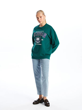 XSIDE Yeşil Bisiklet Yaka Baskılı Oversize Kadın Sweatshirt