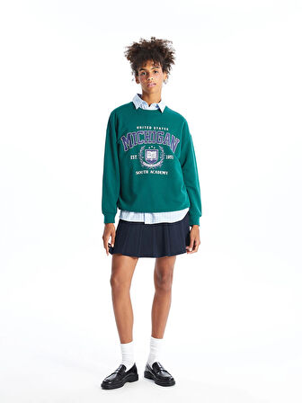 XSIDE Yeşil Bisiklet Yaka Baskılı Oversize Kadın Sweatshirt