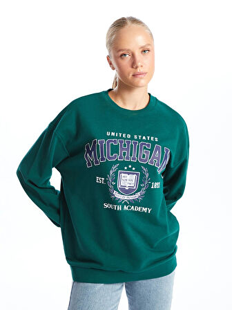 XSIDE Yeşil Bisiklet Yaka Baskılı Oversize Kadın Sweatshirt