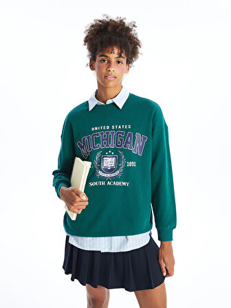 XSIDE Yeşil Bisiklet Yaka Baskılı Oversize Kadın Sweatshirt