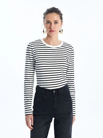 LCW Vision Siyah Bisiklet Yaka Çizgili Uzun Kollu Kadın Body