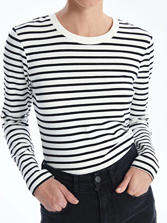 LCW Vision Siyah Bisiklet Yaka Çizgili Uzun Kollu Kadın Body