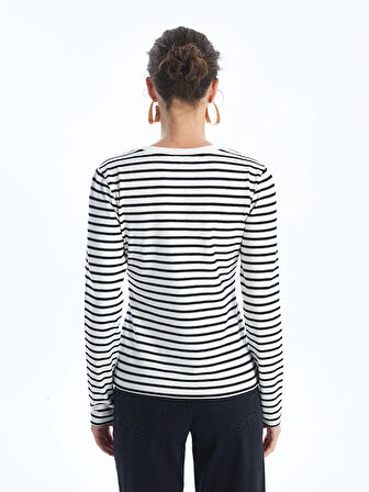 LCW Vision Siyah Bisiklet Yaka Çizgili Uzun Kollu Kadın Body