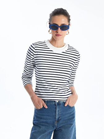 LCW Vision Lacivert Bisiklet Yaka Çizgili Uzun Kollu Kadın Body