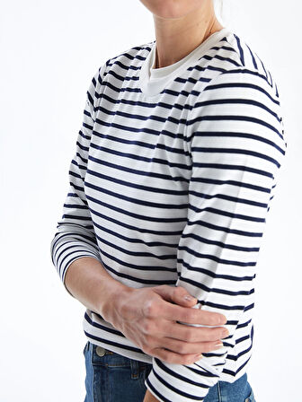 LCW Vision Lacivert Bisiklet Yaka Çizgili Uzun Kollu Kadın Body