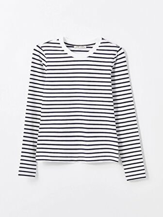 LCW Vision Lacivert Bisiklet Yaka Çizgili Uzun Kollu Kadın Body