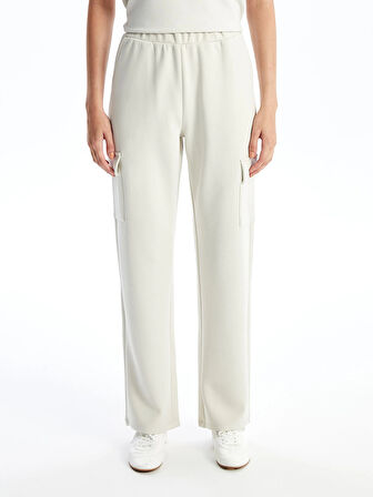 LCW Vision Bej Beli Lastikli Düz İnterlok Kadın Kargo Eşofman Altı