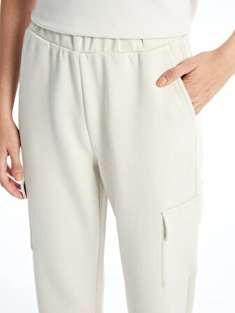 LCW Vision Bej Beli Lastikli Düz İnterlok Kadın Kargo Eşofman Altı