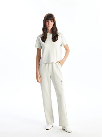 LCW Vision Bej Beli Lastikli Düz İnterlok Kadın Kargo Eşofman Altı