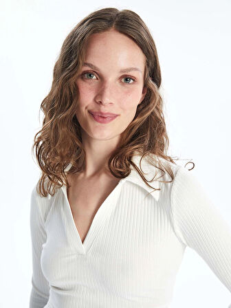 LCW Vision Ekru Polo Yaka Düz Uzun Kollu Kadın Body