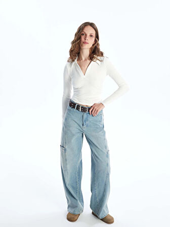 LCW Vision Ekru Polo Yaka Düz Uzun Kollu Kadın Body