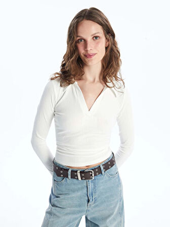 LCW Vision Ekru Polo Yaka Düz Uzun Kollu Kadın Body