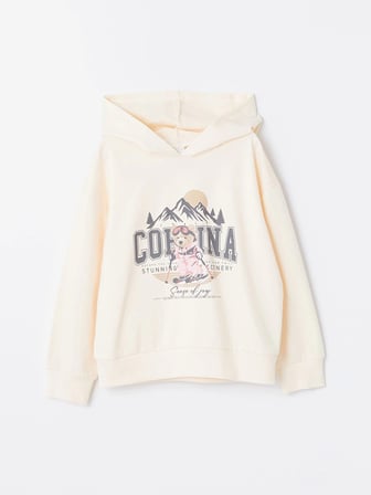 LCW Kids Bej Kapüşonlu Baskılı Uzun Kollu Kız Çocuk Sweatshirt