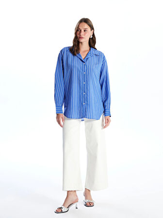LCW Vision Mavi Çizgili Uzun Kollu Oversize Kadın Gömlek