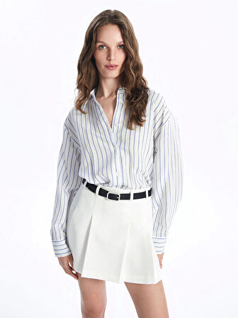 LCW Vision Beyaz Çizgili Uzun Kollu Oversize Kadın Gömlek