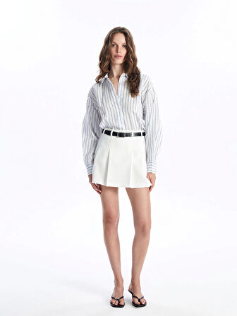 LCW Vision Beyaz Çizgili Uzun Kollu Oversize Kadın Gömlek