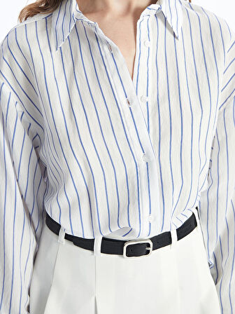 LCW Vision Beyaz Çizgili Uzun Kollu Oversize Kadın Gömlek