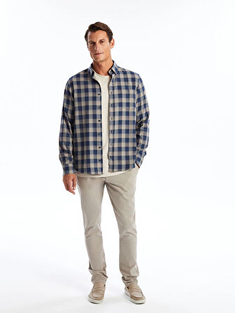 LCWAIKIKI Classic Bej Regular Fit Uzun Kollu Ekose Gabardin Erkek Gömlek