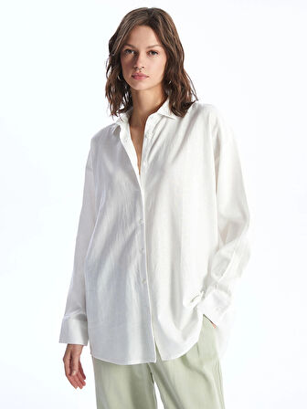 XSIDE BEYAZ Düz Uzun Kollu Keten Karışımlı Kadın Gömlek