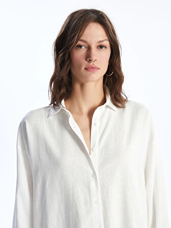 XSIDE BEYAZ Düz Uzun Kollu Keten Karışımlı Kadın Gömlek