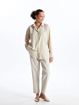 XSIDE BEJ Düz Uzun Kollu Keten Karışımlı Kadın Gömlek