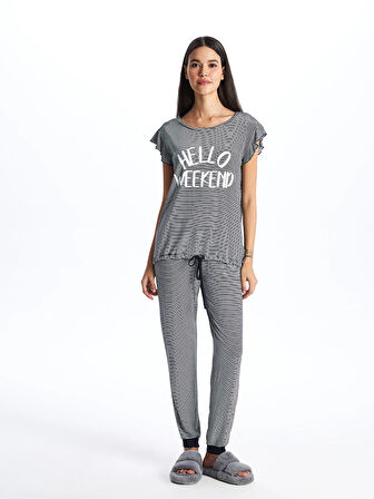 LCW DREAM LACİVERT Bisiklet Yaka Çizgili Kısa Kollu Kadın Pijama Takımı