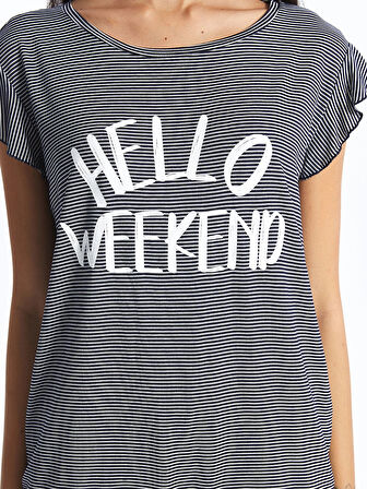 LCW DREAM LACİVERT Bisiklet Yaka Çizgili Kısa Kollu Kadın Pijama Takımı