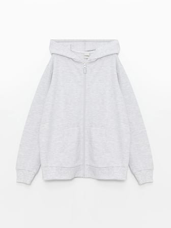 LCW Kids Gri Kapüşonlu Basic Uzun Kollu Kız Çocuk Fermuarlı Sweatshirt