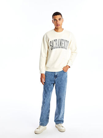XSIDE Bej Bisiklet Yaka Baskılı Erkek Kalın Sweatshirt