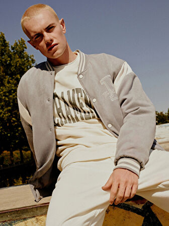 XSIDE Bej Bisiklet Yaka Baskılı Erkek Kalın Sweatshirt