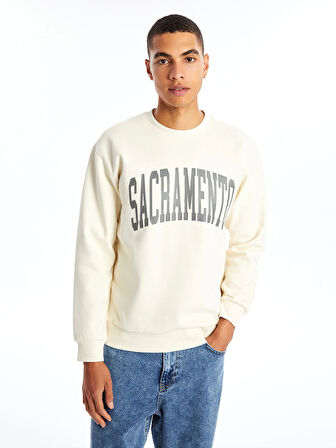 XSIDE Bej Bisiklet Yaka Baskılı Erkek Kalın Sweatshirt