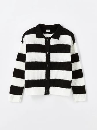 LCW Kids Siyah Polo Yaka Kız Çocuk Triko Hırka